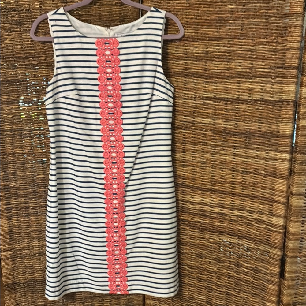 J.Howard Navy Stripe Shift Dress with Coral Crochet Detailing